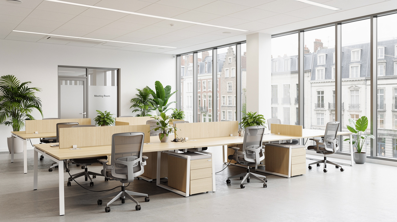 Modern bright office workspace with wooden desks and plants